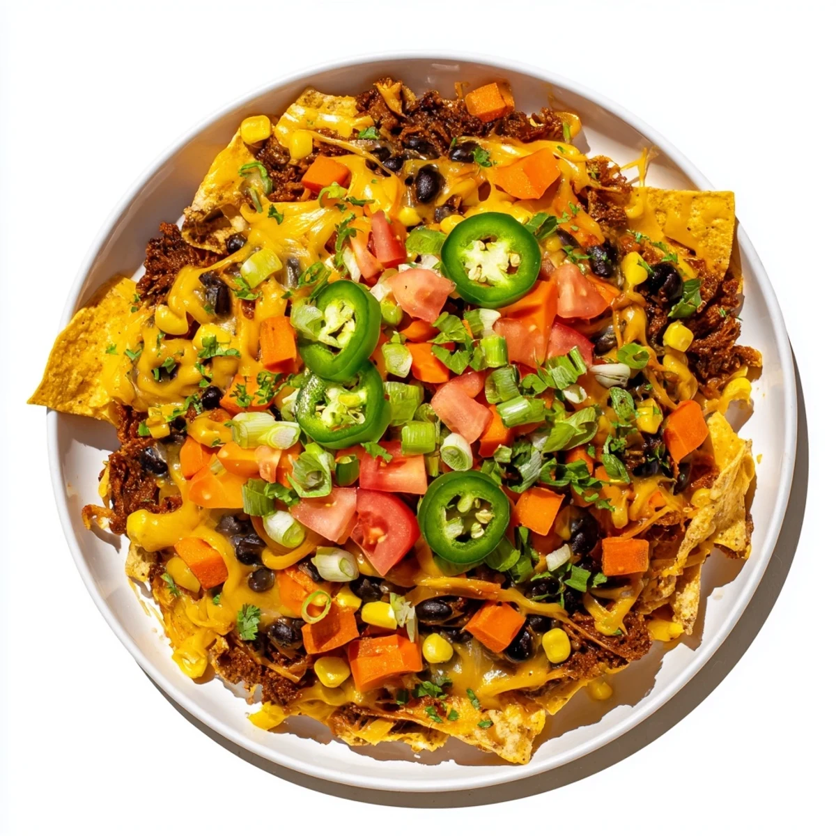 Sheet-Pan Nachos with melted cheddar, colorful veggies, and spicy beans.