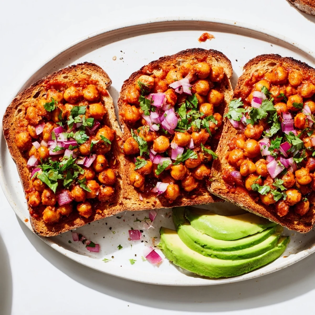 Delicious and comforting BBQ chickpeas on toast: a vegan delight with fresh herbs on top.