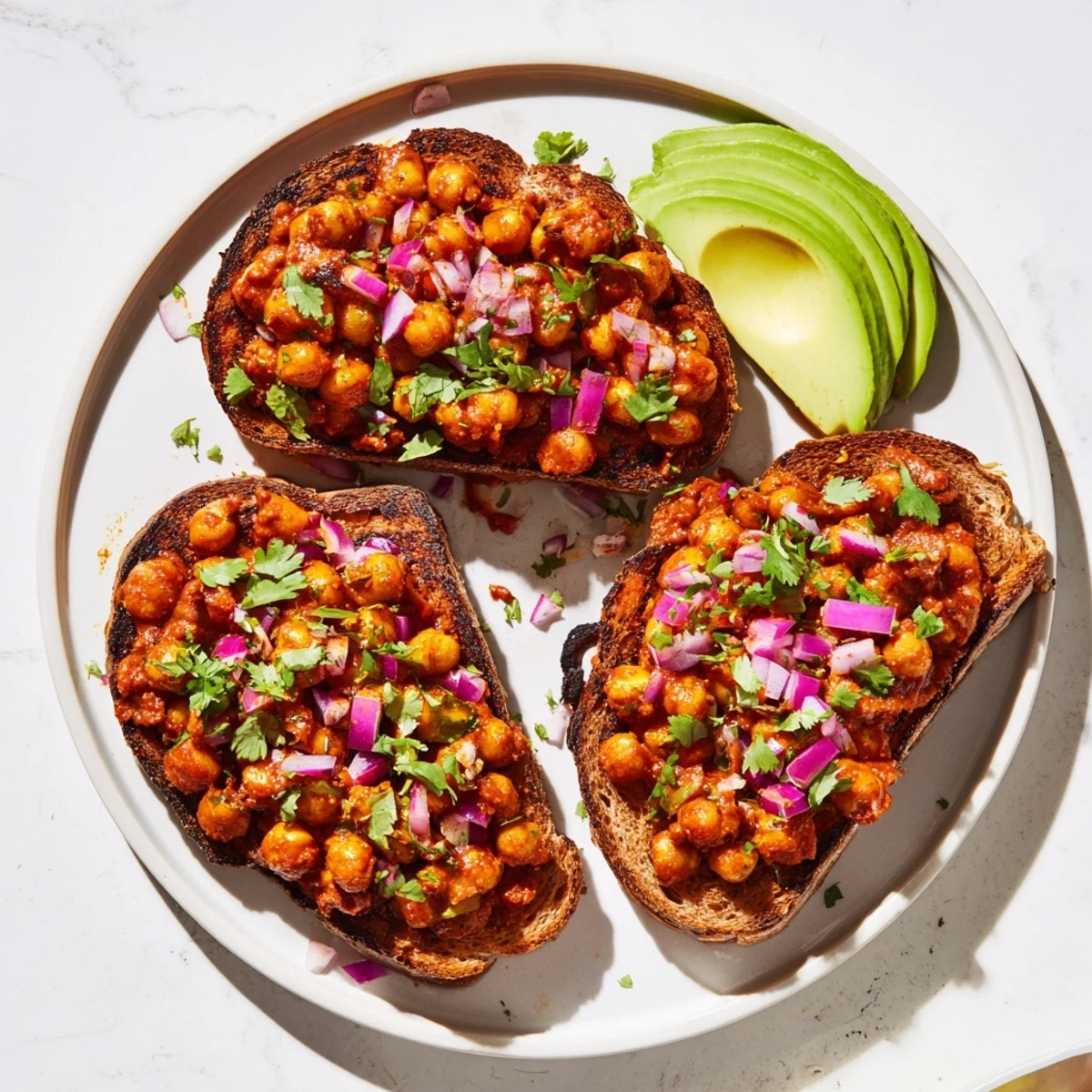 Golden-brown toast piled high with smoky BBQ chickpeas, garnished and ready to eat.