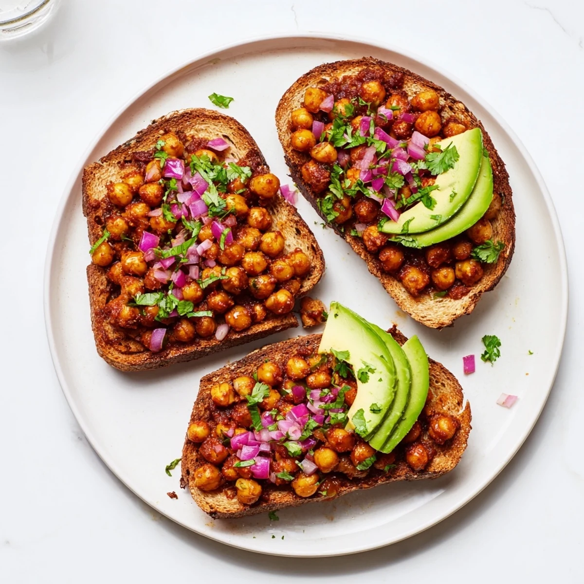 Savory BBQ chickpeas on toasted bread, a perfect quick meal with a bright lime garnish.