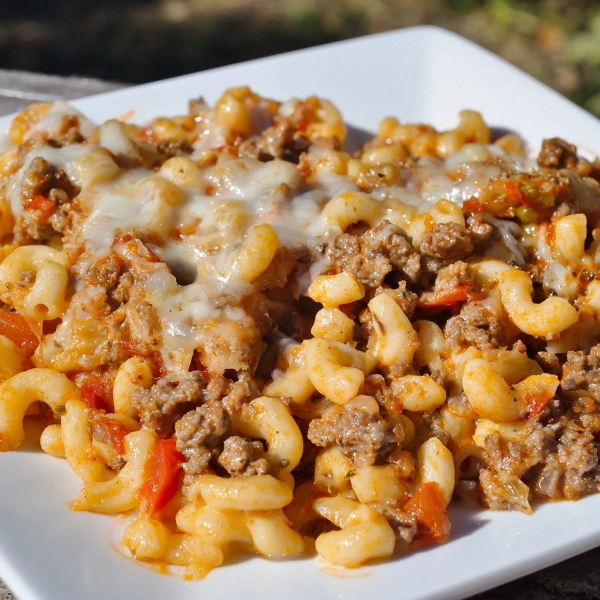 Steaming hot Hamburger Casserole topped with melty cheddar, ready for a comforting family meal.