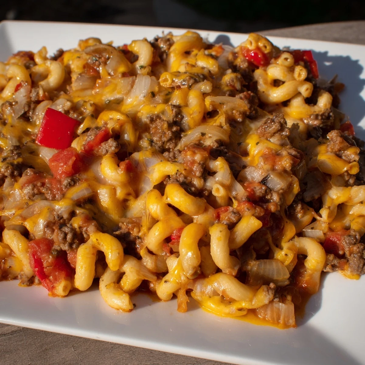 A close-up of cheesy Hamburger Casserole with visible herbs in a bubbling tomato sauce.