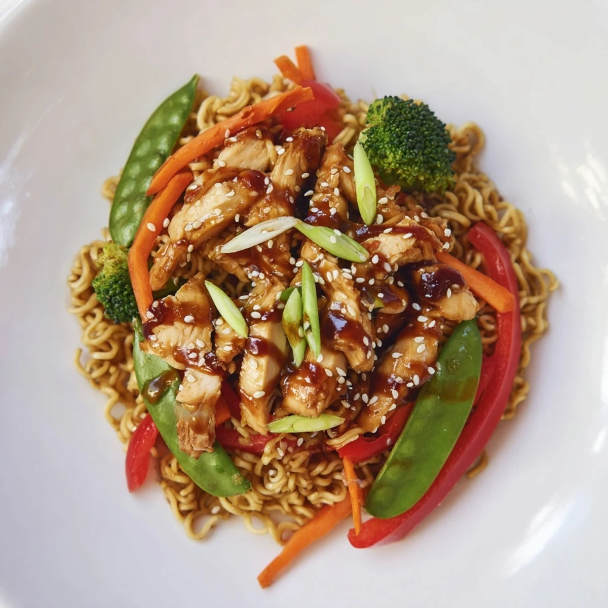 This photo shows sizzling Sheet-Pan Crispy Ramen with Veggies & Chicken, boasting roasted veggies and tender chicken.