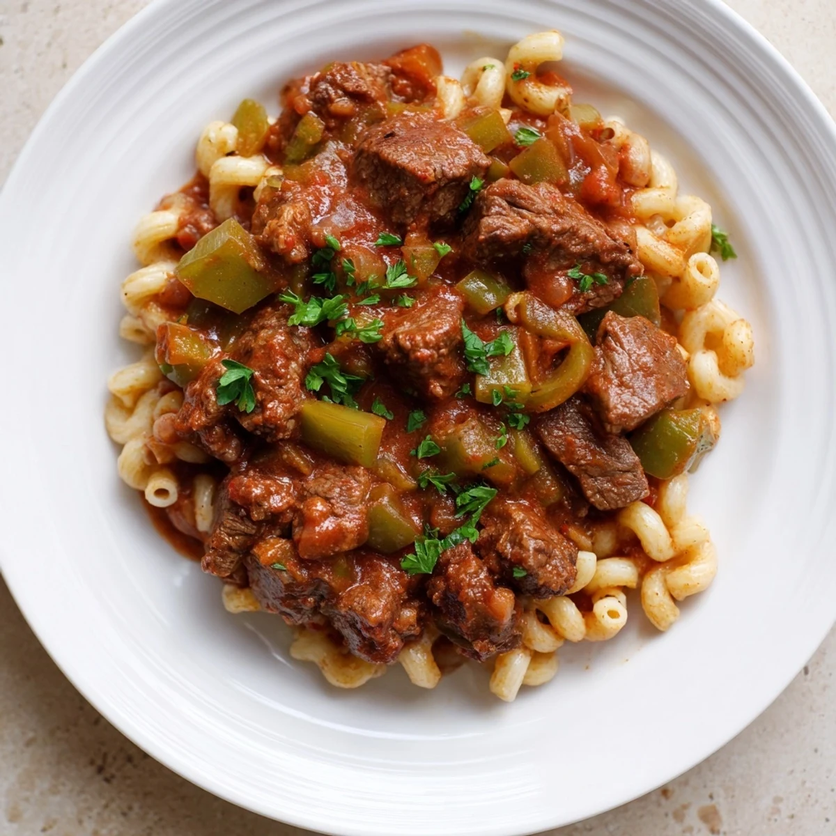 A steaming bowl of goulash with beef and tender pasta, ready for a comforting family dinner.