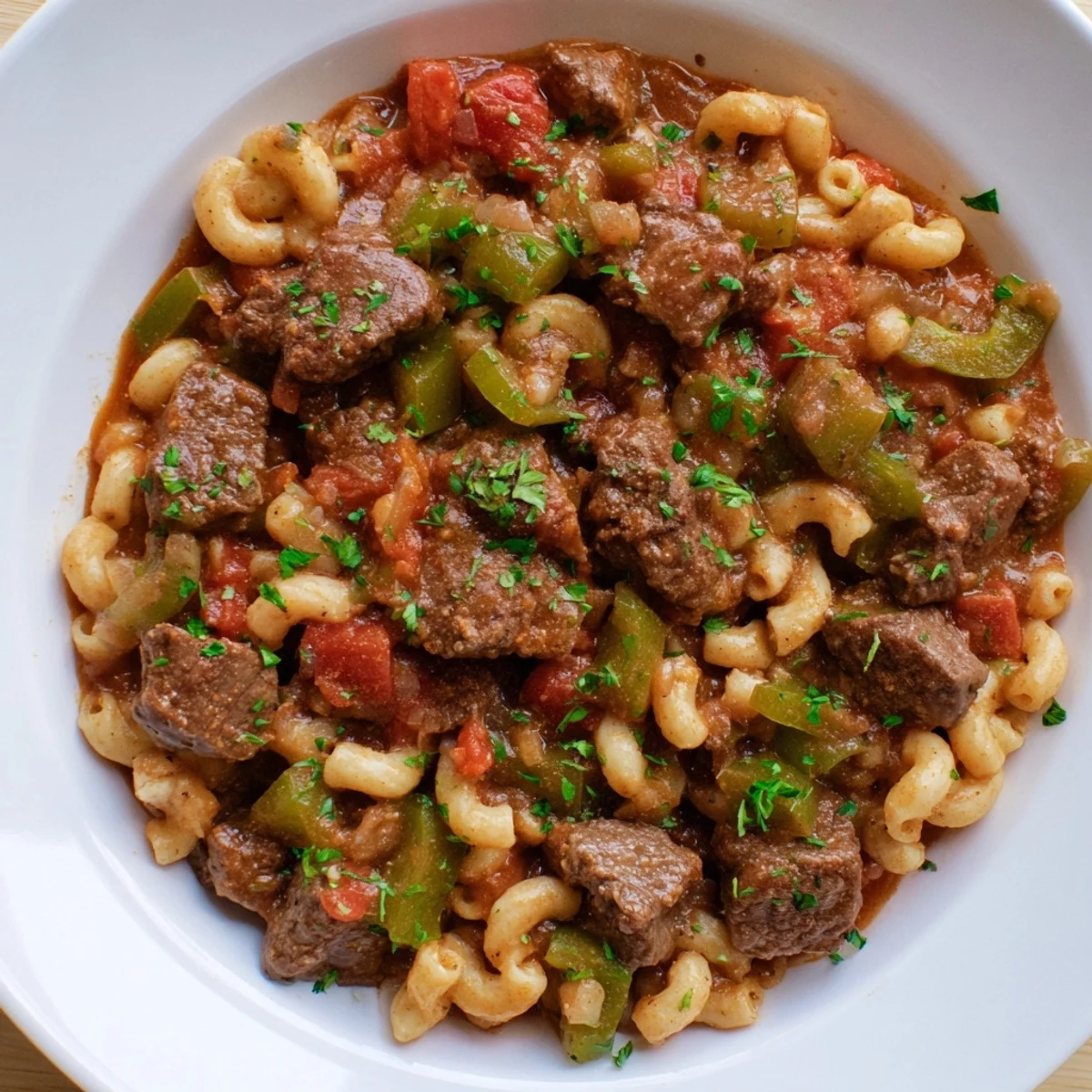 Hearty goulash with beef or turkey, served hot and garnished—a classic, homemade meal.