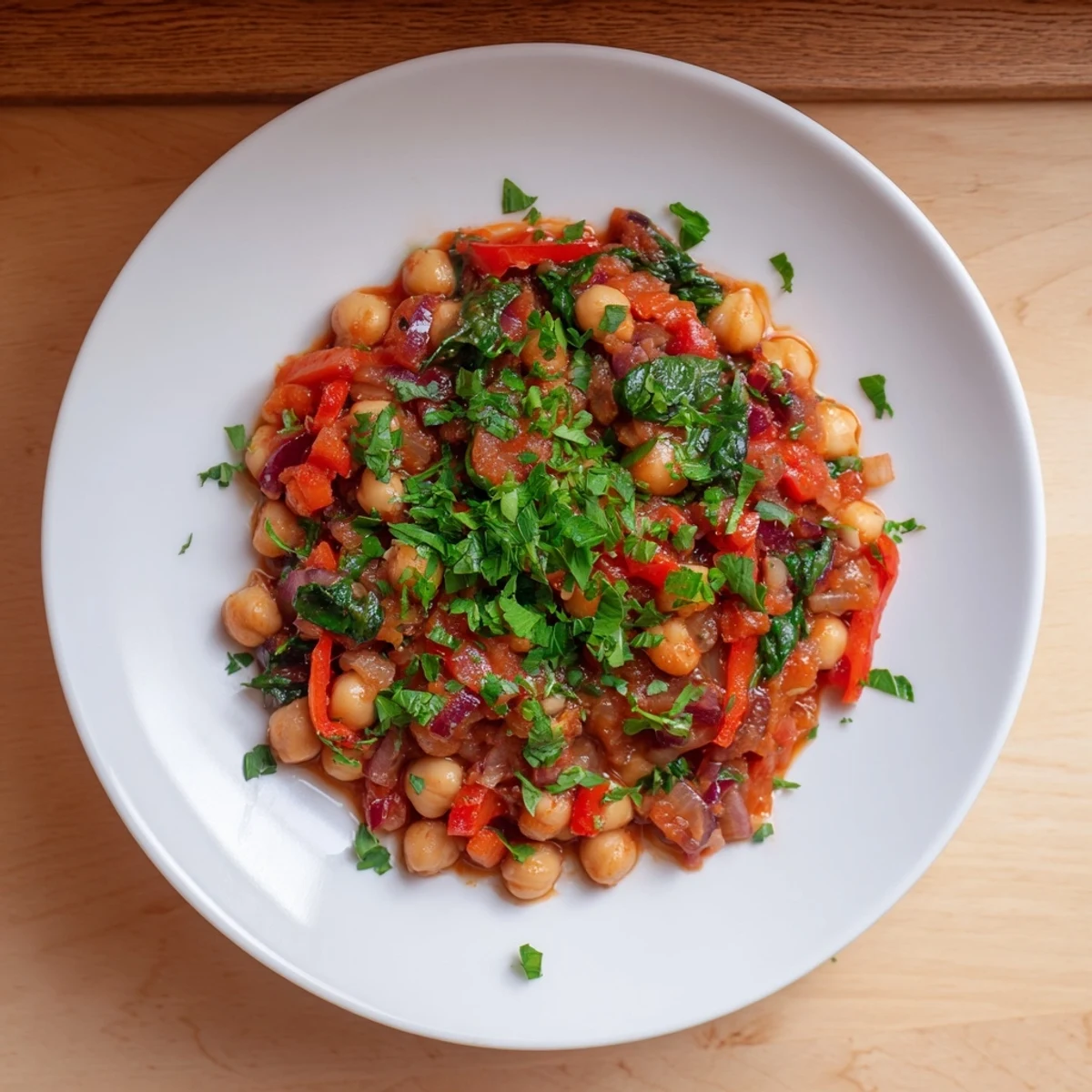 Golden, steaming Vegetarian Chickpea & Spinach Skillet, garnished with fresh herbs, ready to serve alongside crusty bread.