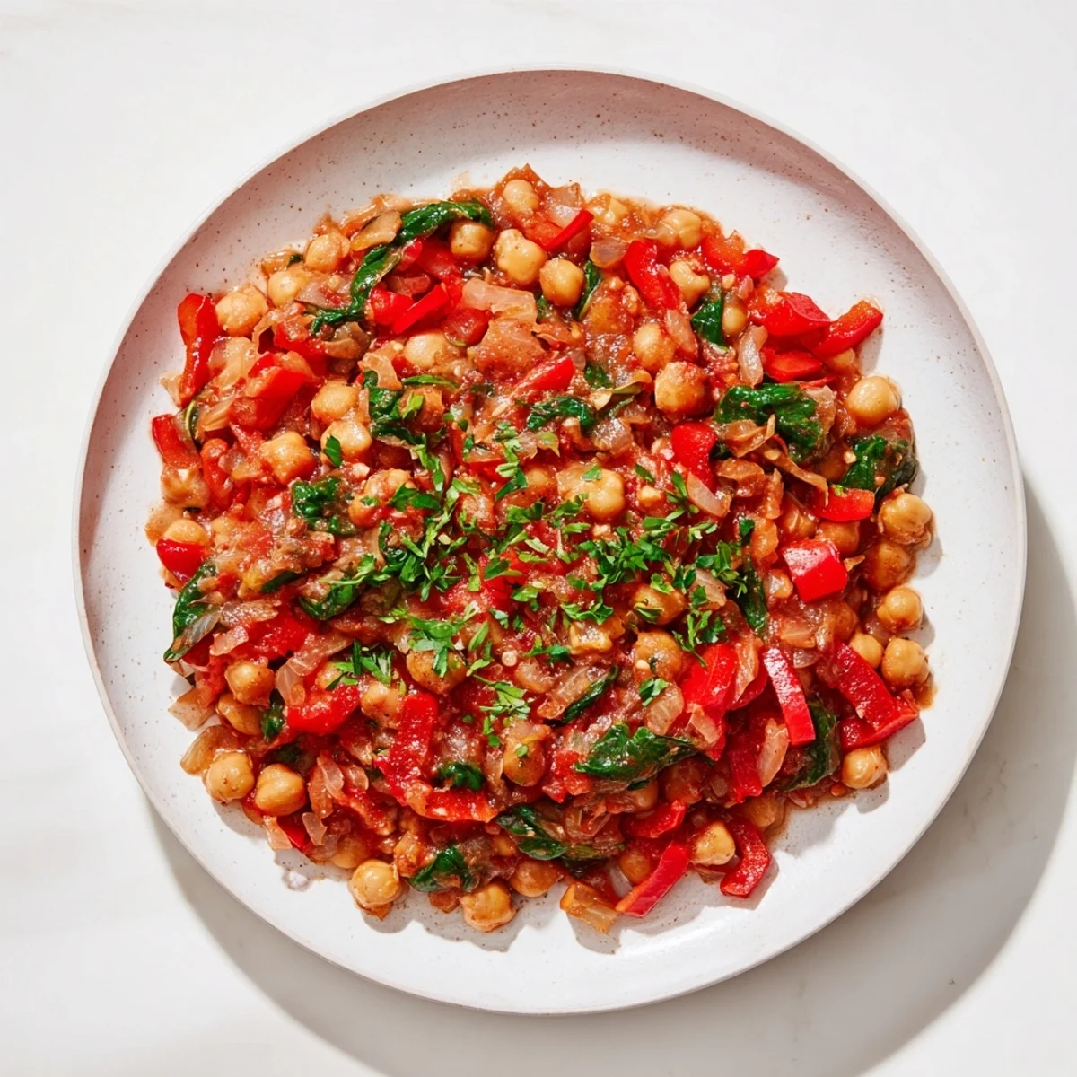 Vibrant photo of a flavorful Vegetarian Chickpea & Spinach Skillet; the chickpeas are plump, mingled with wilted spinach.