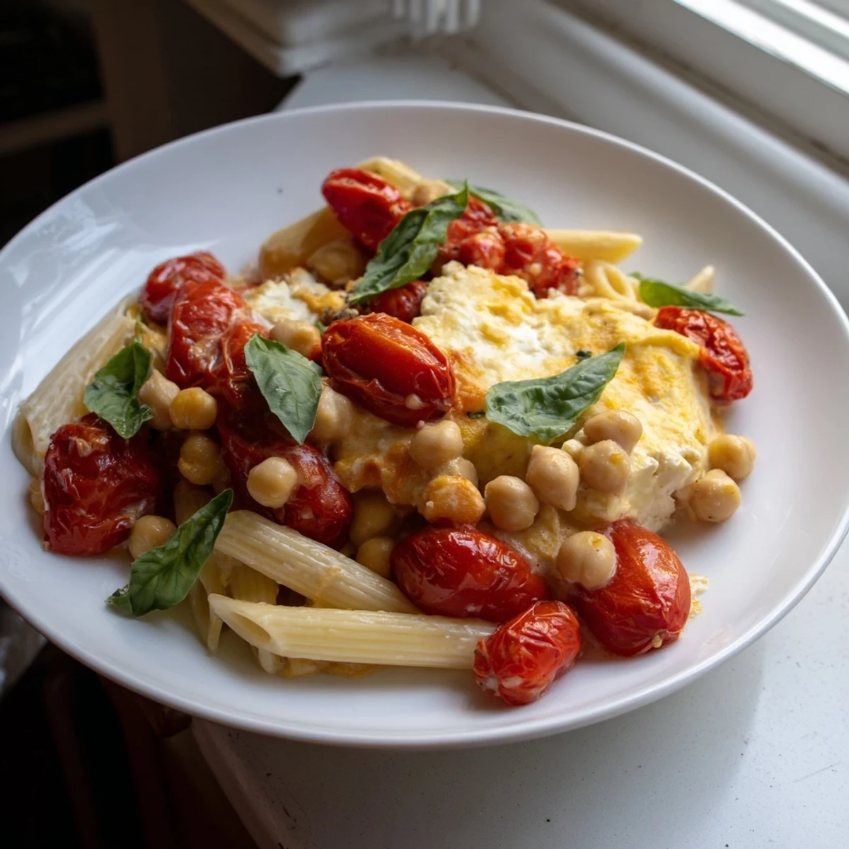 Creamy baked feta with chickpeas and tomatoes, served warmly over your choice of pasta or rice.
