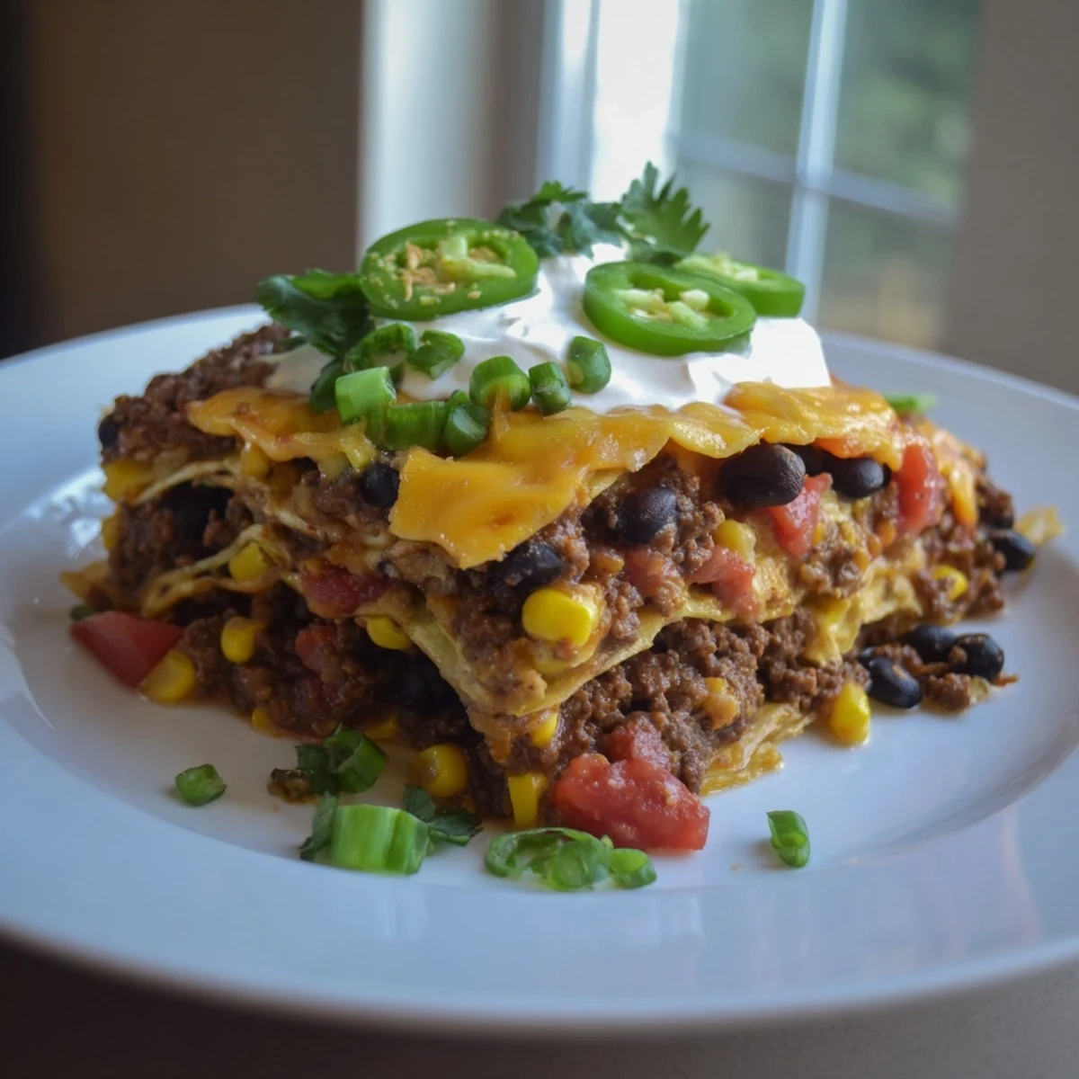 A cheesy, layered Taco Lasagna featuring bubbling cheese and savory ground beef, ready to eat.