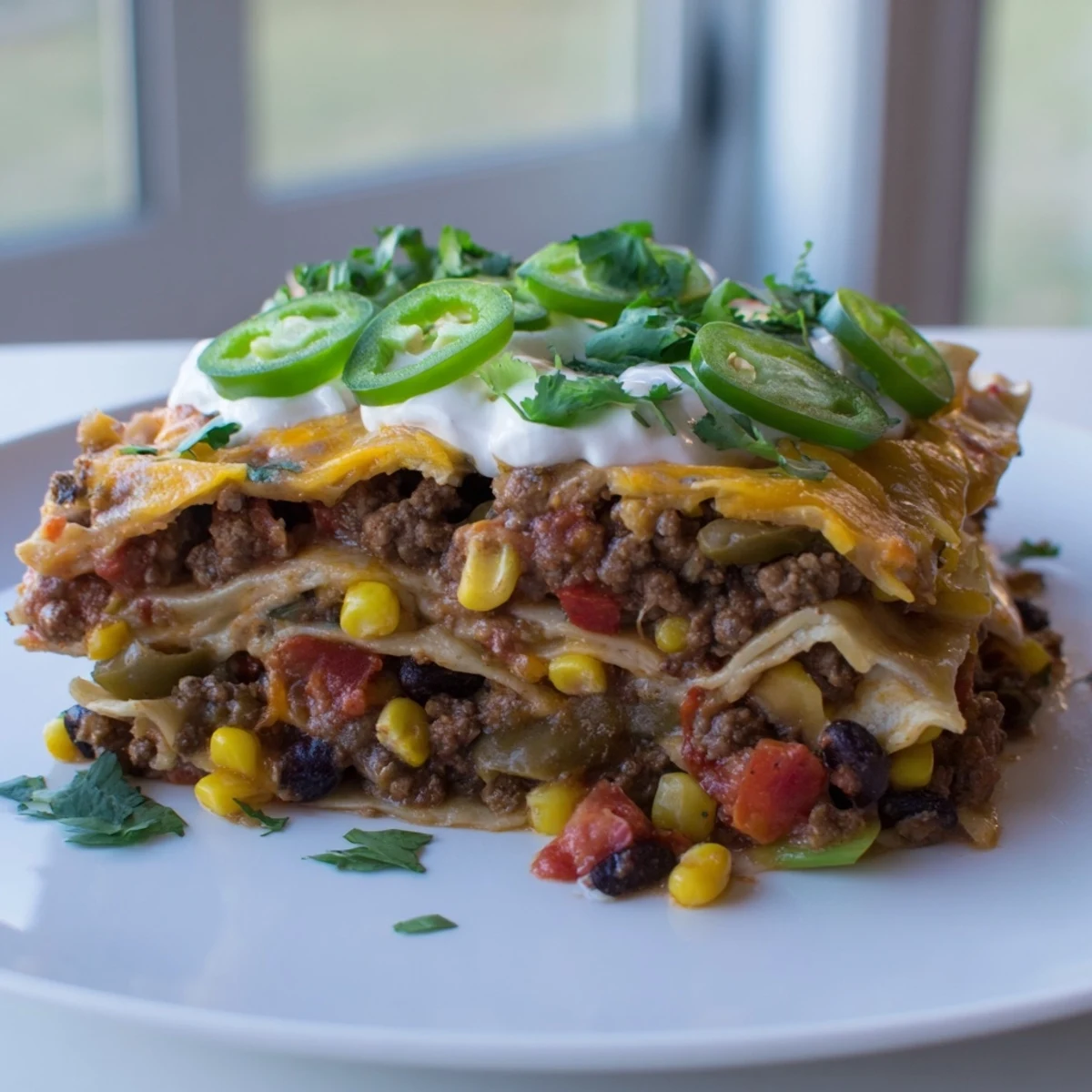 Golden-brown Taco Lasagna with melting cheese, rich meat sauce, and colorful garnishes for a Tex-Mex feast.