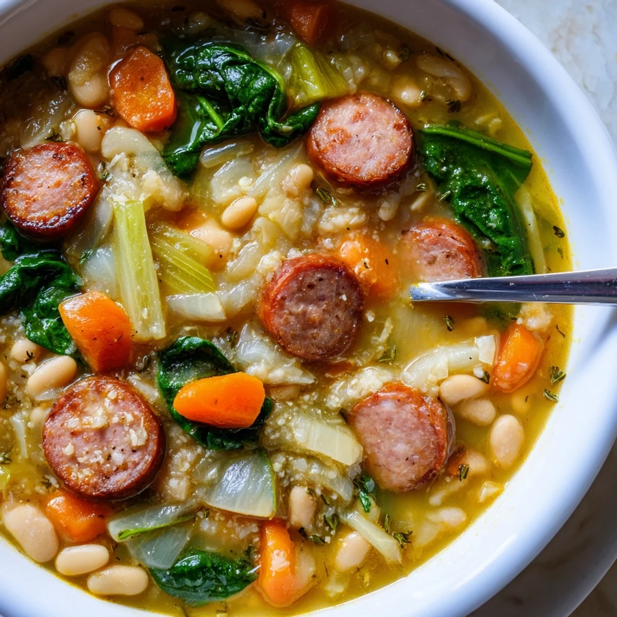Enjoy warm, hearty Simple Sausage and White Bean Soup, a quick and delicious American comfort food recipe.