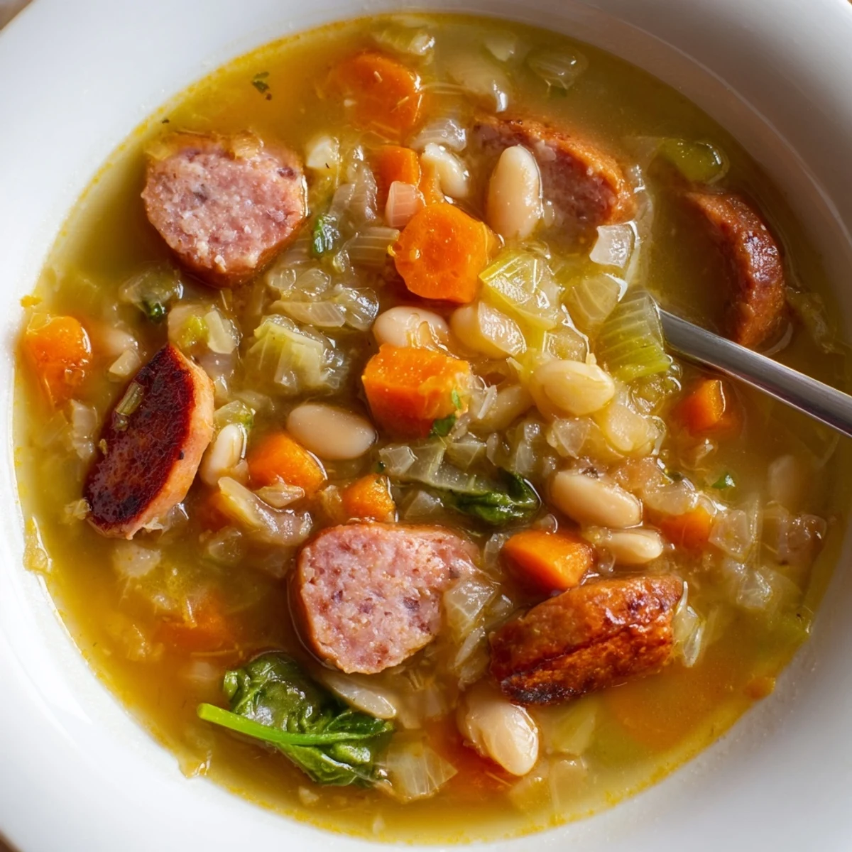 Steaming Simple Sausage and White Bean Soup overflowing in a rustic bowl, perfect for a cozy dinner.