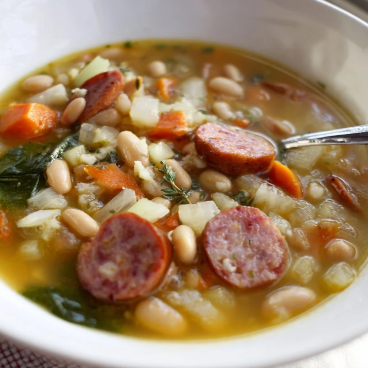 A close-up shot of the flavorful Simple Sausage and White Bean Soup with visible sausage pieces and vegetables.