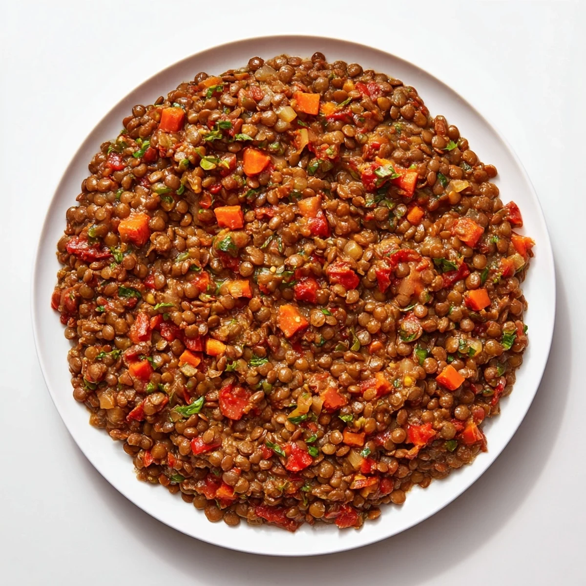 Steaming Creamy Tomato Basil Lentil Bolognese, a vegan Italian feast simmered in a rich tomato sauce.