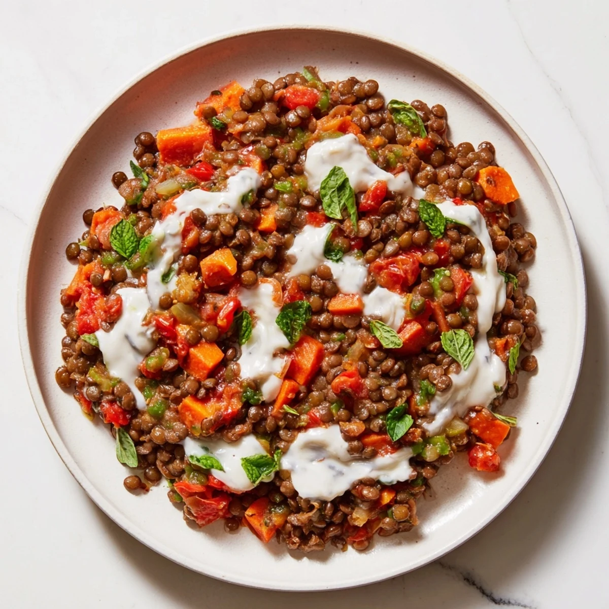 A close-up of Creamy Tomato Basil Lentil Bolognese, served hot over a bed of al dente pasta.
