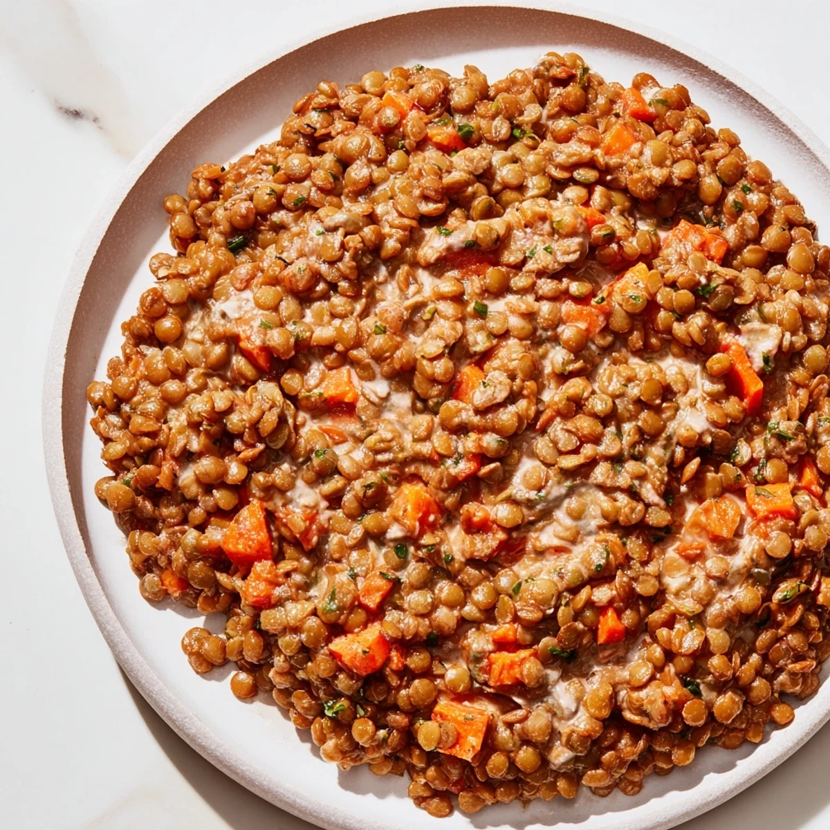 Fresh basil garnishes the vibrant Creamy Tomato Basil Lentil Bolognese, bursting with savory flavors.