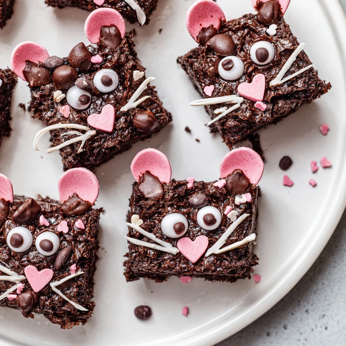 A close-up of Silly Rat Cake Brownie Bites: fudgy, adorable treats with pink noses and tiny tails.
