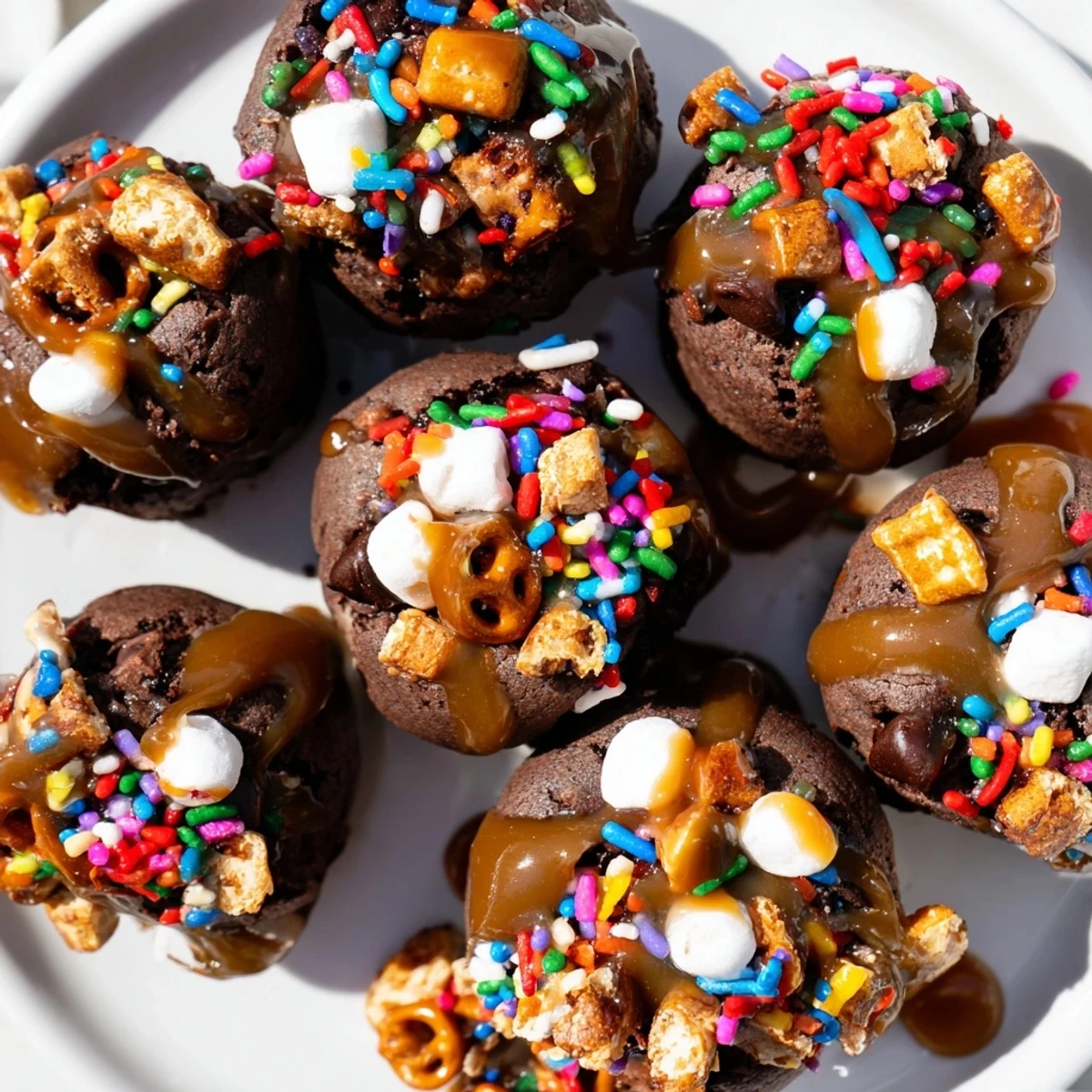 Close-up of Chaos Chocolate Cake Bites, showing a mix of textures and bright sprinkles.