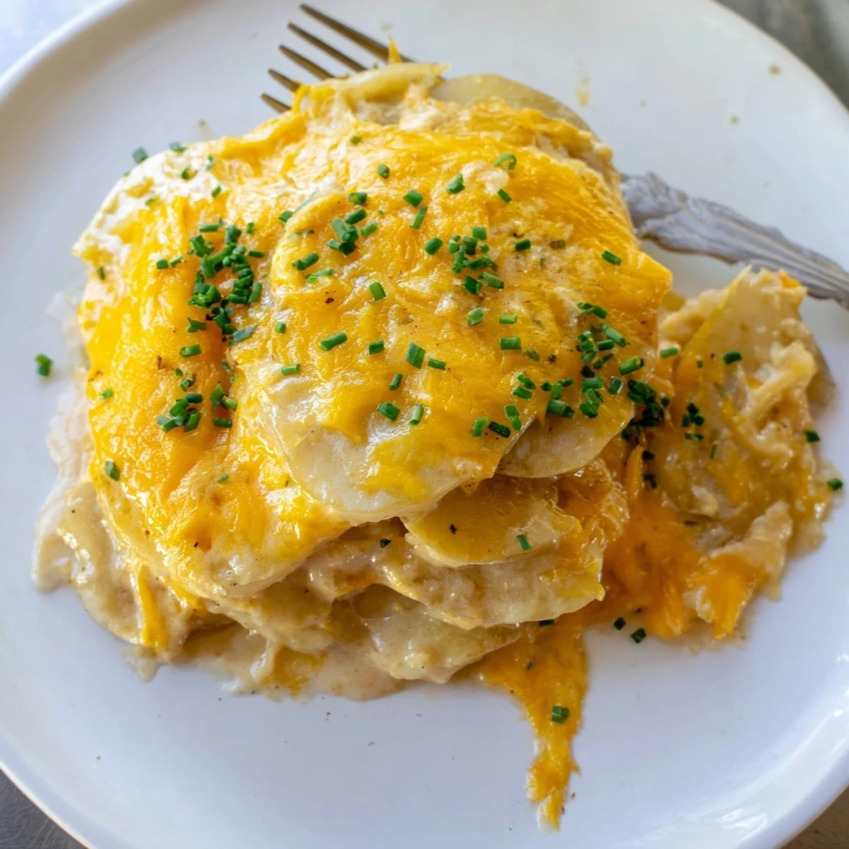 Golden, bubbly topping on savory, cheesy scalloped potatoes, ready to serve for a comforting dinner.