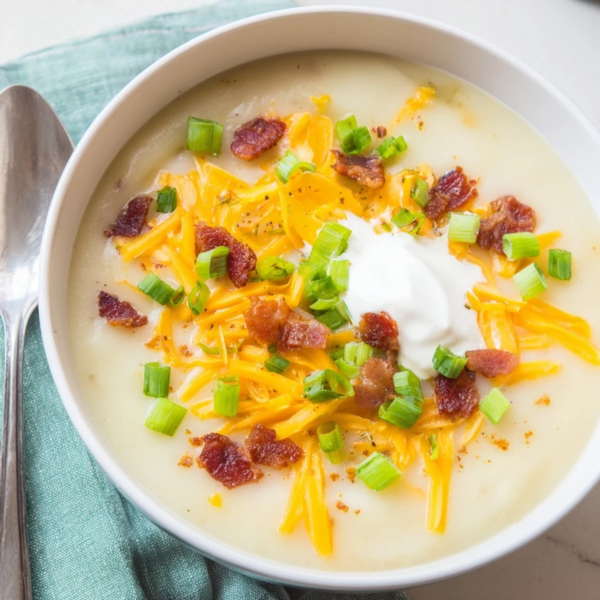 Steaming bowl of The Ultimate Baked Potato Soup, thick and creamy with visible potato chunks, garnished with chives.