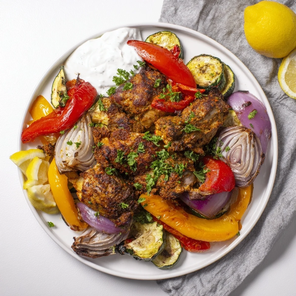 Sheet Pan Chicken Shawarma, golden chicken and roasted vegetables served with warm pita and yogurt.