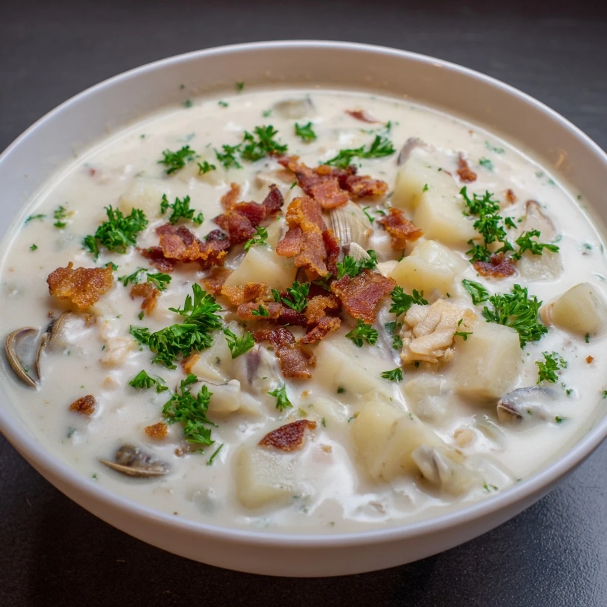 Creamy New England Clam Chowder with visible bacon bits—a comforting classic ready for serving.