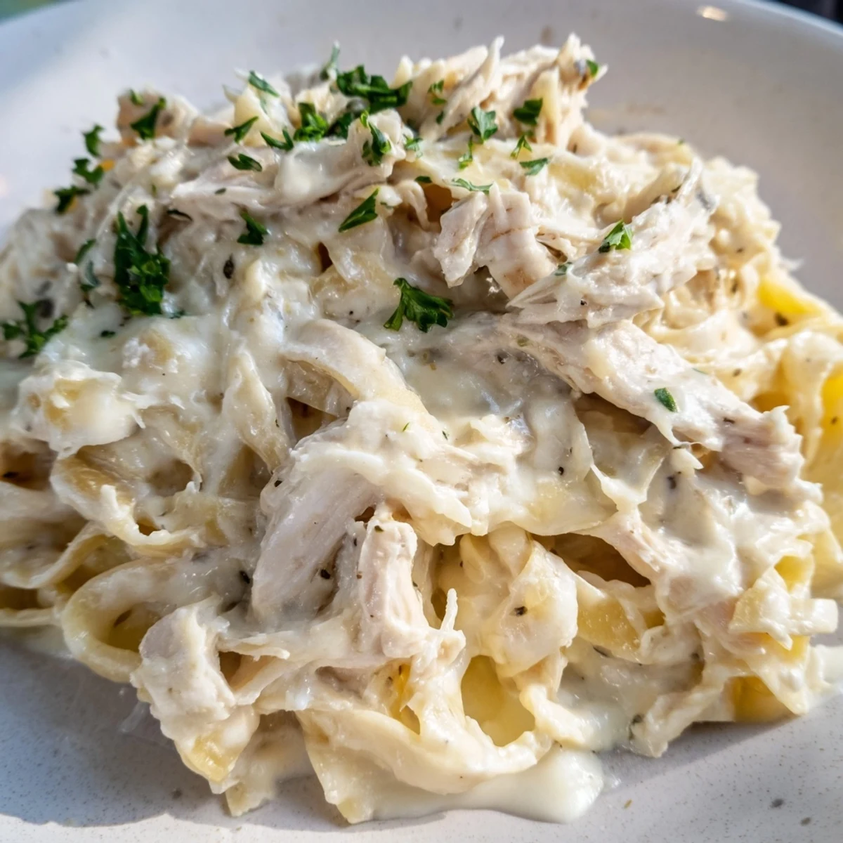 Creamy Chicken Alfredo Slow-Cooker Dump Meal: tender chicken in rich sauce, perfect for serving over pasta.