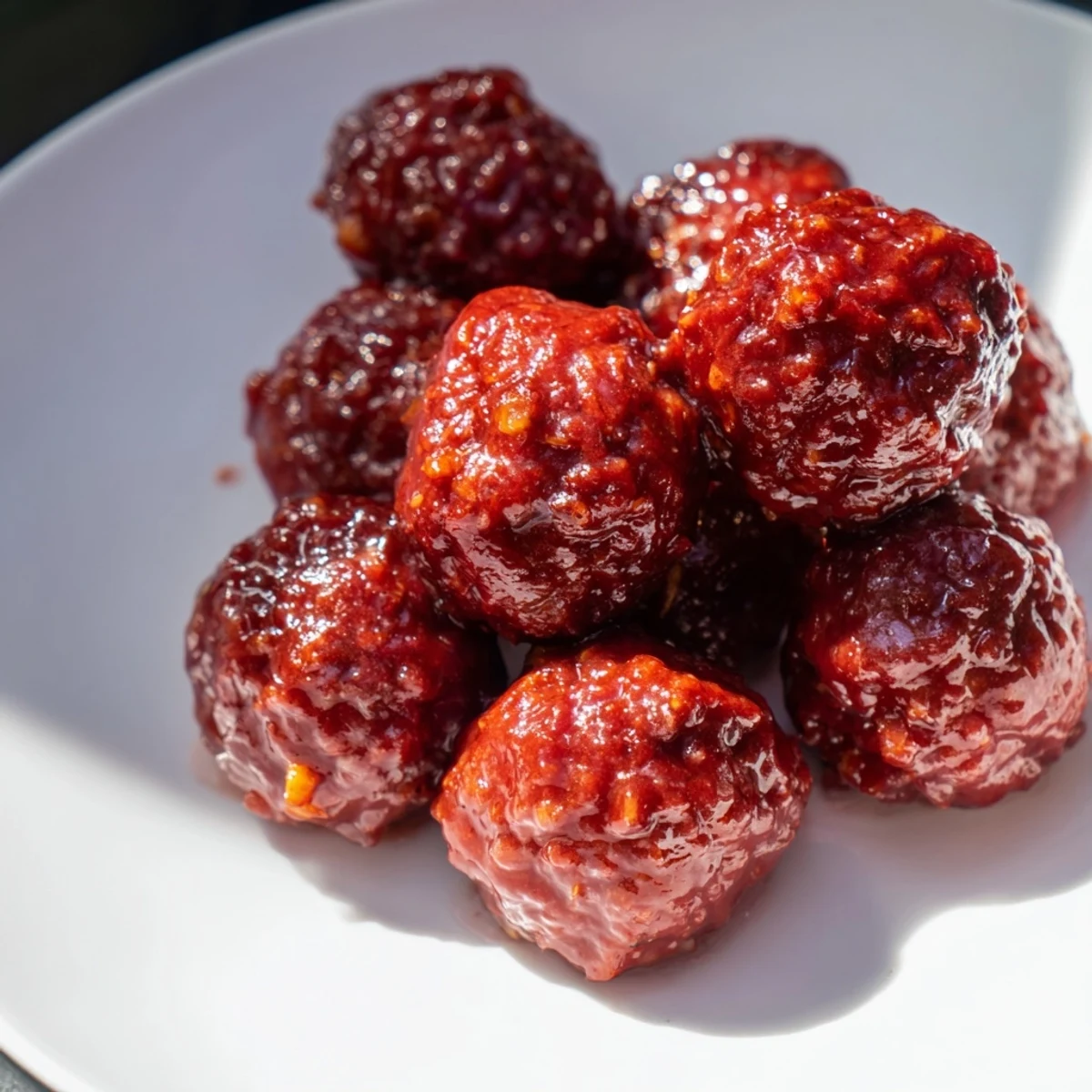 Golden, glistening cherry-glazed meatballs, sweet and savory, ready to serve as a party appetizer.