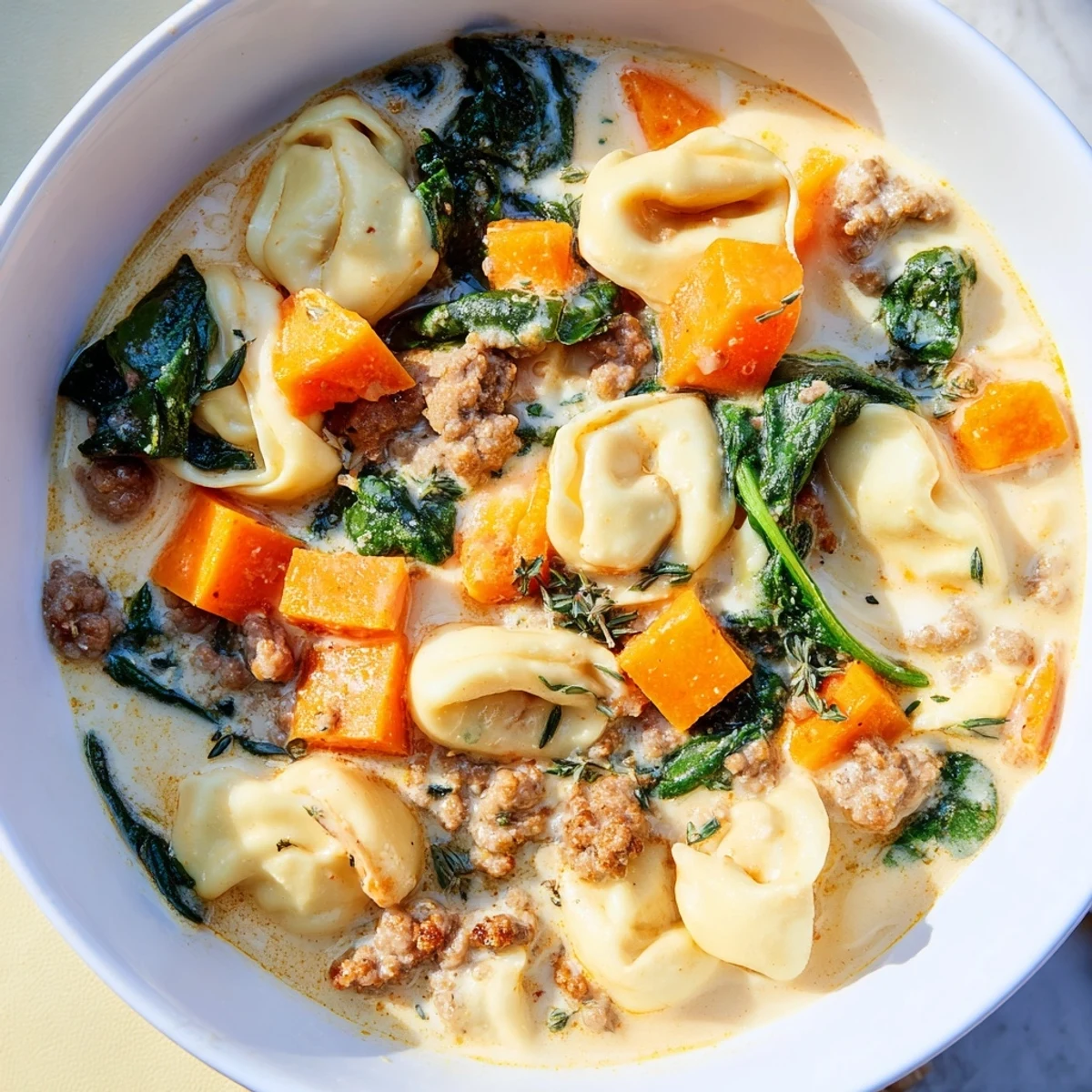 Creamy Sausage Tortellini Soup simmering, with visible sweet potato chunks and a rich, vibrant broth.