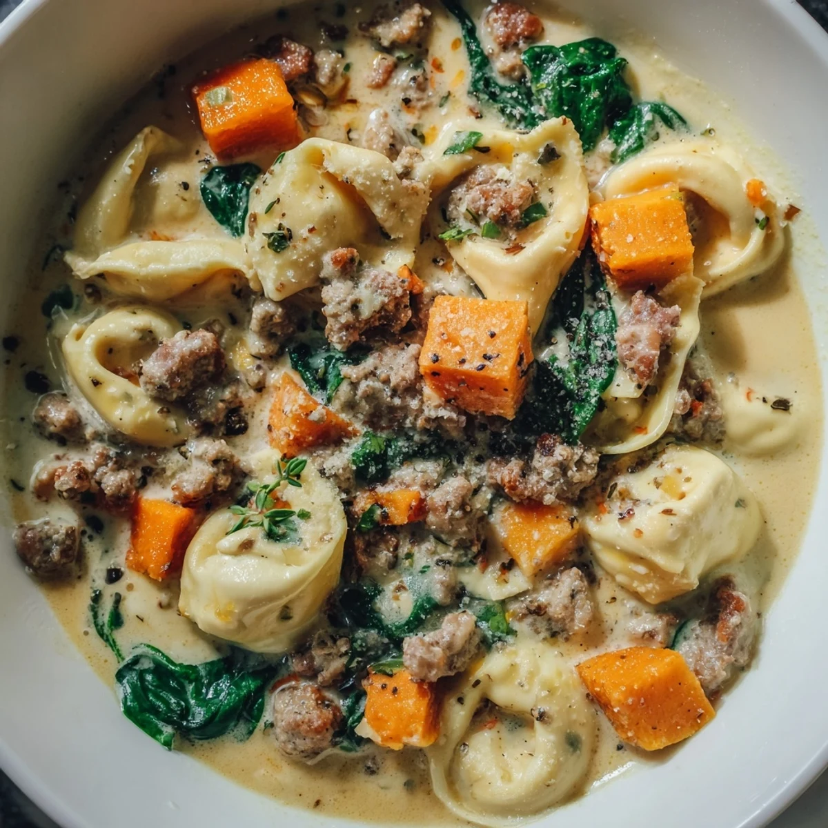 Fresh spinach adds color to this delicious Creamy Sausage Tortellini Soup, a hearty, fulfilling Italian meal.