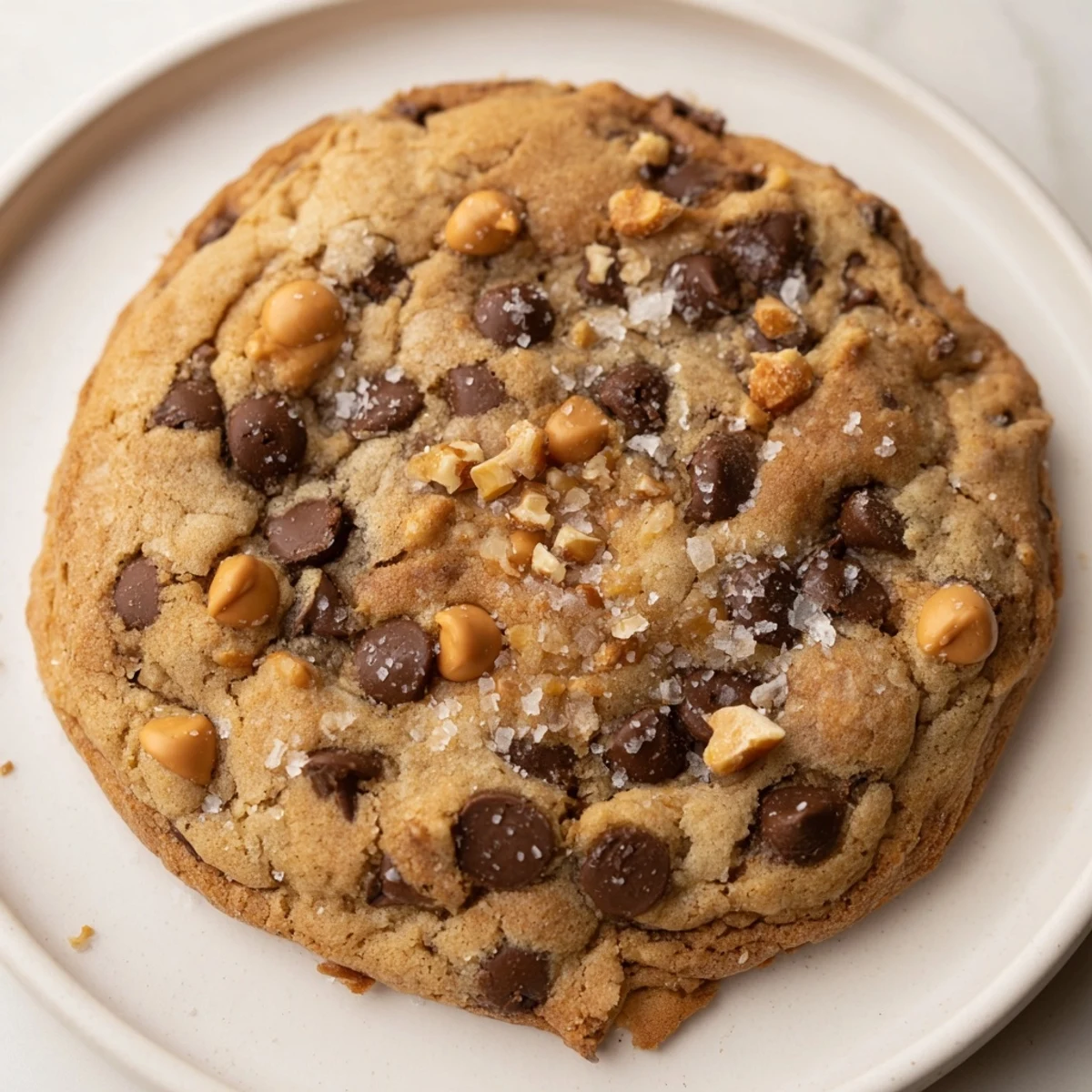 Golden, chewy Best Ever Butterscotch Chocolate Chip Cookies with sea salt, fresh from the oven, temptingly delicious.