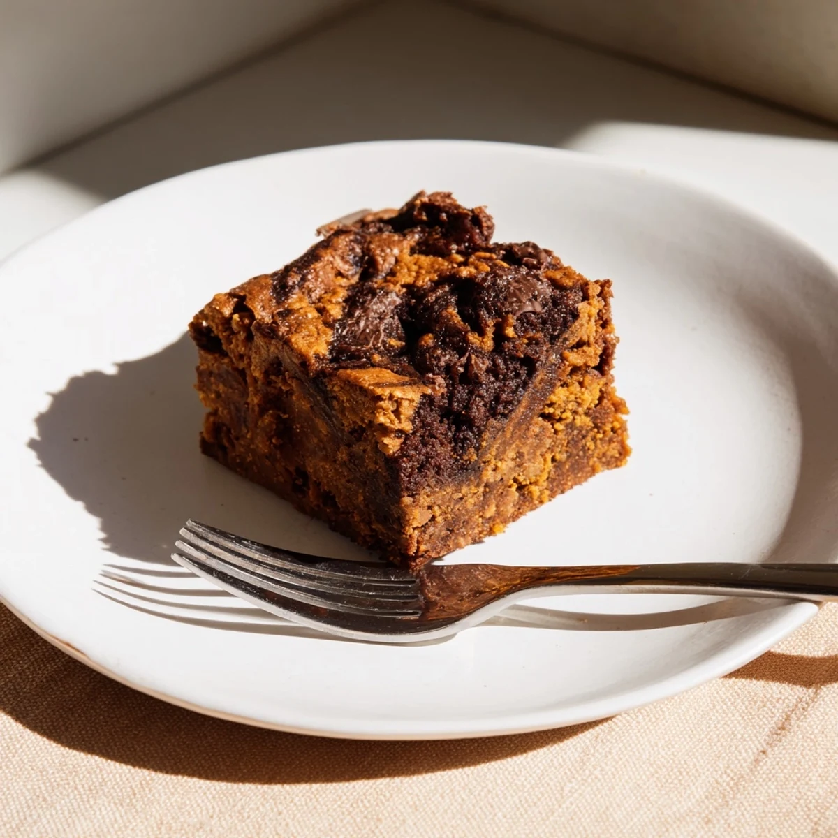 Square chunks of dense, gluten-free Pumpkin Workout Brownies, perfect for a post-workout treat, chilled and delightful.