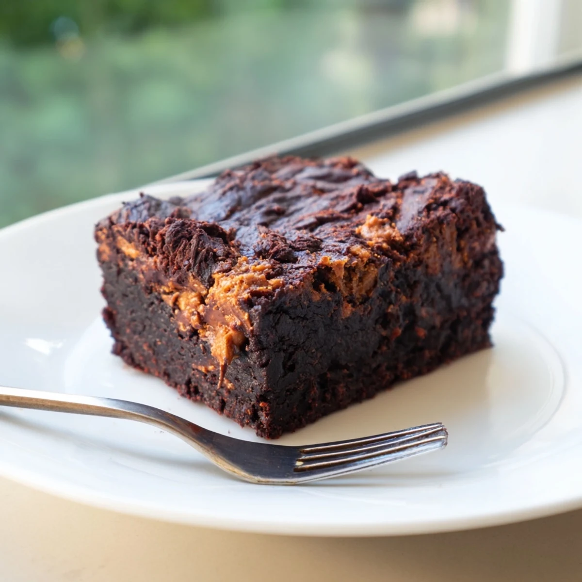 Warm, gooey Pumpkin Workout Brownies, glistening with a dark, rich, fudge-like texture, ready to serve.