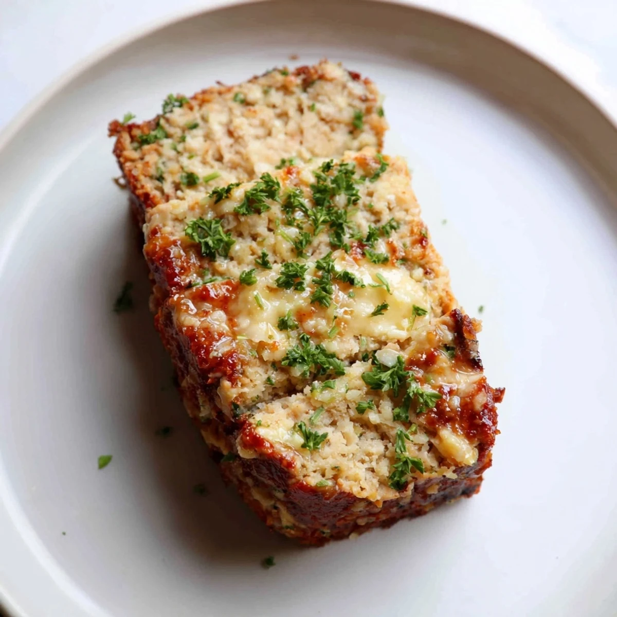 Juicy Garlic Parmesan Chicken Meatloaf, glazed and glistening, ready for a comforting family meal.