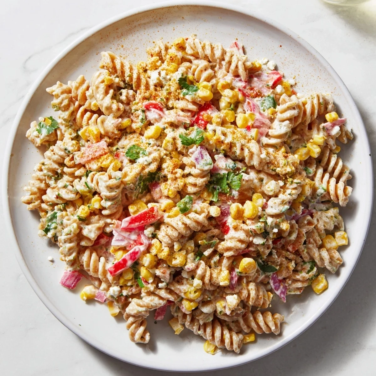 Healthier Mexican Street Corn Pasta Salad showcases vibrant, charred corn and creamy pasta mixture.