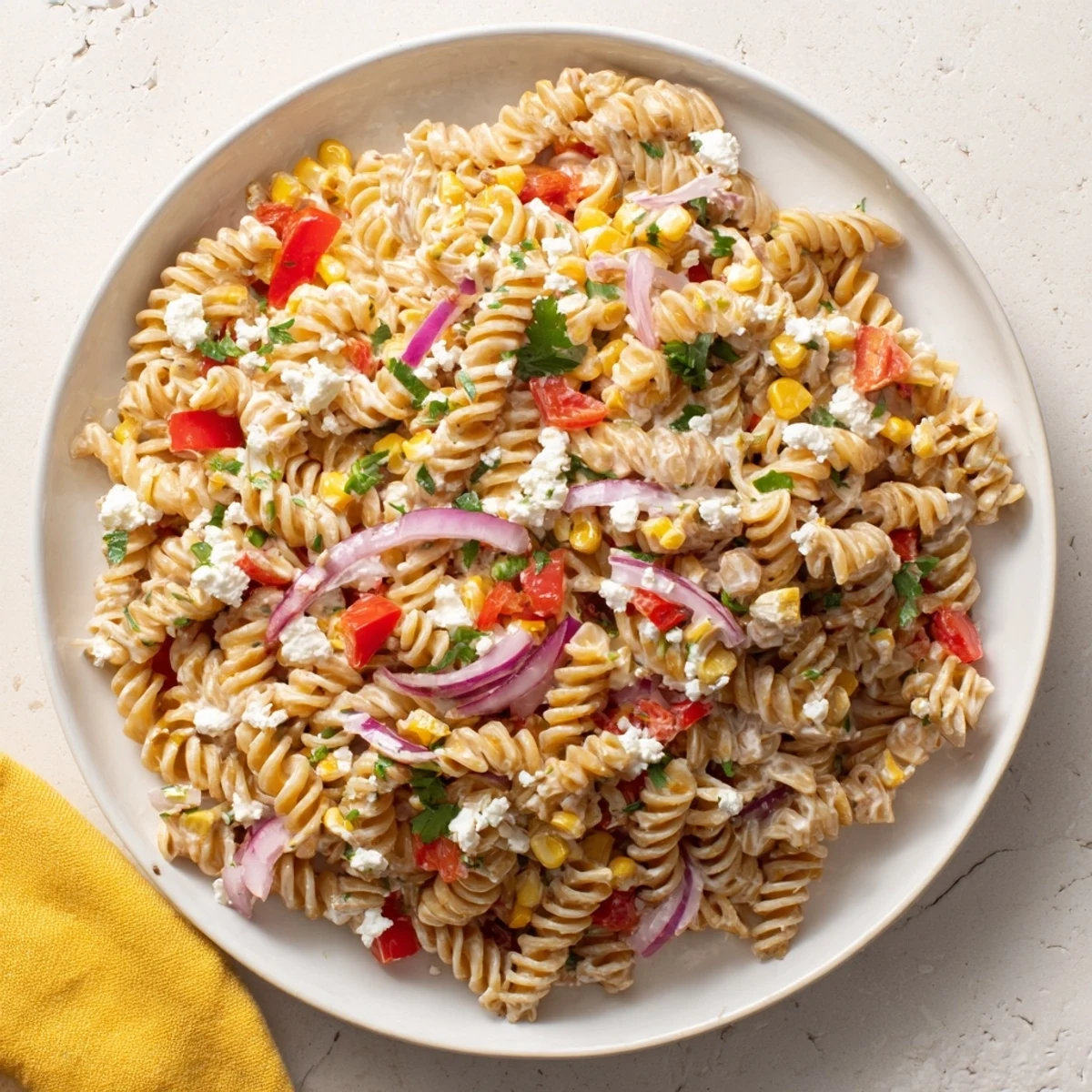 This delicious Healthier Mexican Street Corn Pasta Salad features colorful peppers and a zesty lime dressing.