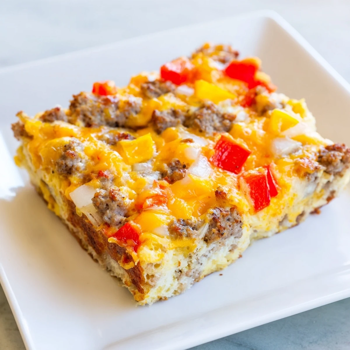 Close-up of a steaming Lightning-Fast Breakfast Sausage Casserole, with visible sausage, peppers, and melted cheese on top.