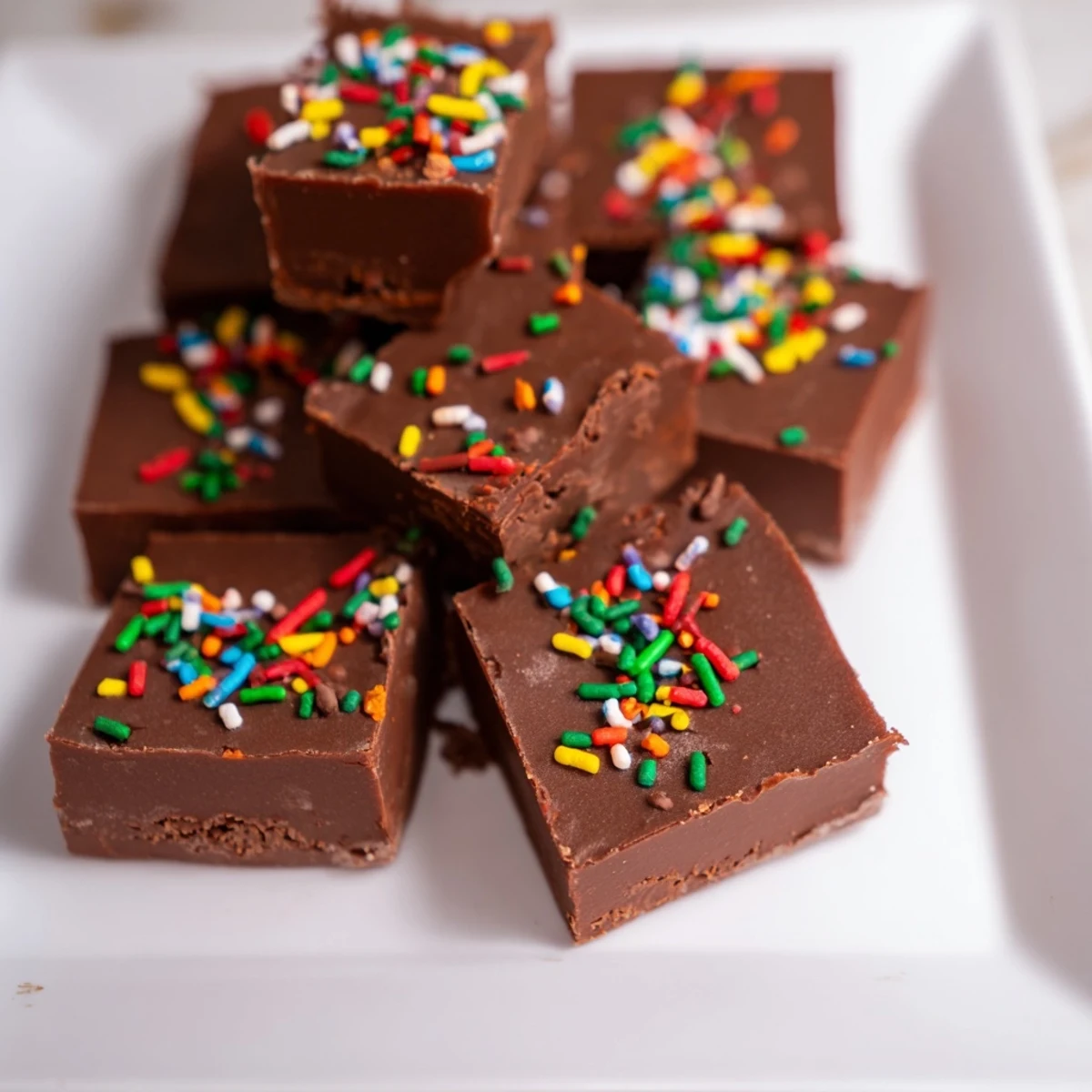 Close-up of decadent 3-Ingredient Christmas Fudge Squares, showcasing creamy texture and vibrant holiday sprinkles.