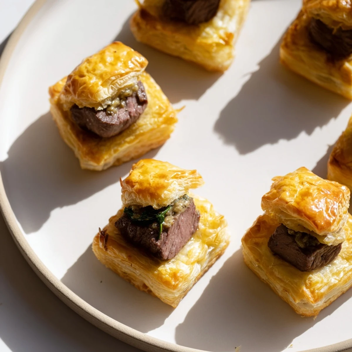 A close-up shot of perfectly baked Simplified Christmas Beef Wellington Bites, ready to enjoy with family.