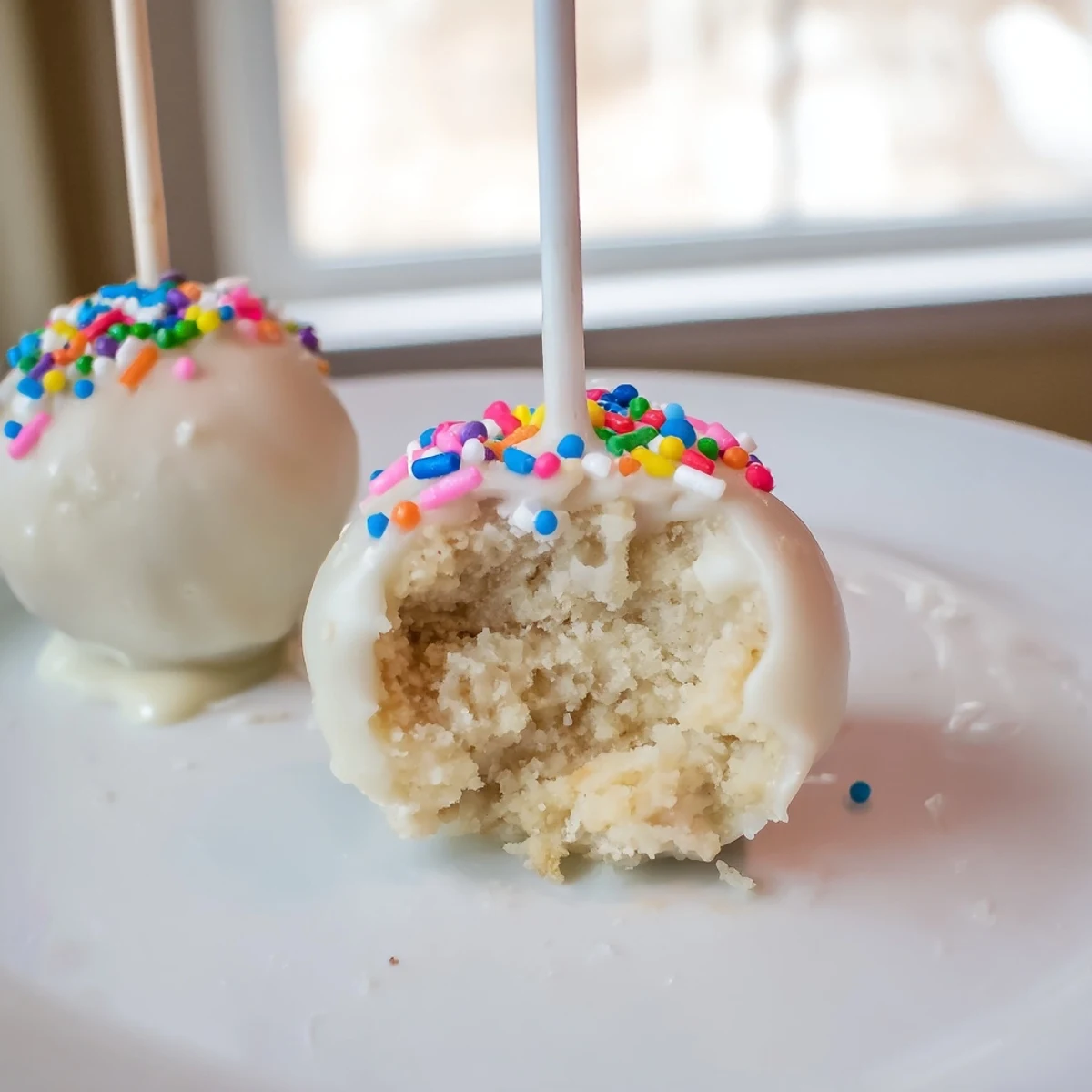 Lightened-Up Sugar Cookie Cake Pops, a cheerful treat, coated in chocolate with colorful sprinkles.