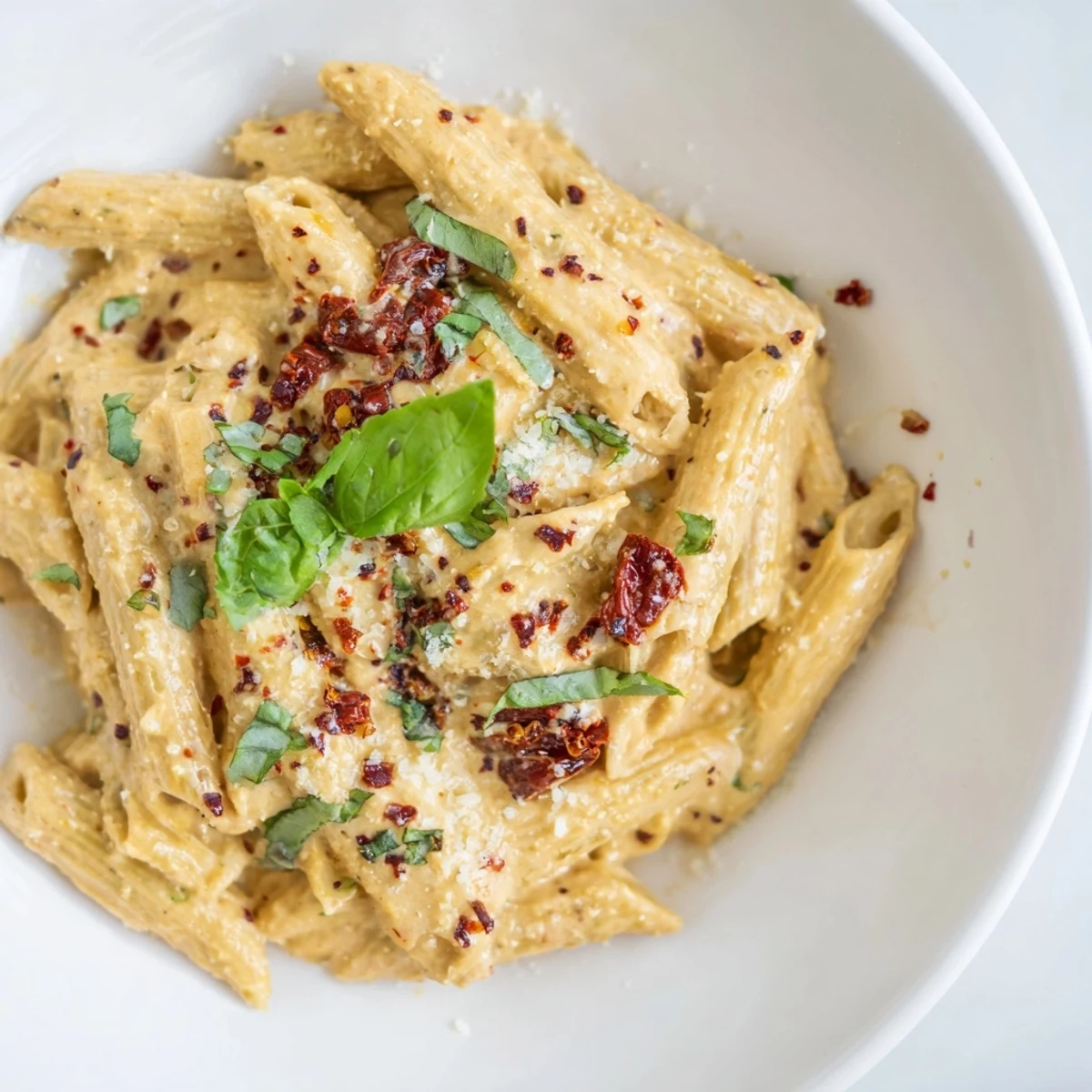 A vibrant bowl of Sun-Dried Tomato & Cottage Cheese Pasta Sauce, creamy and ready to enjoy.