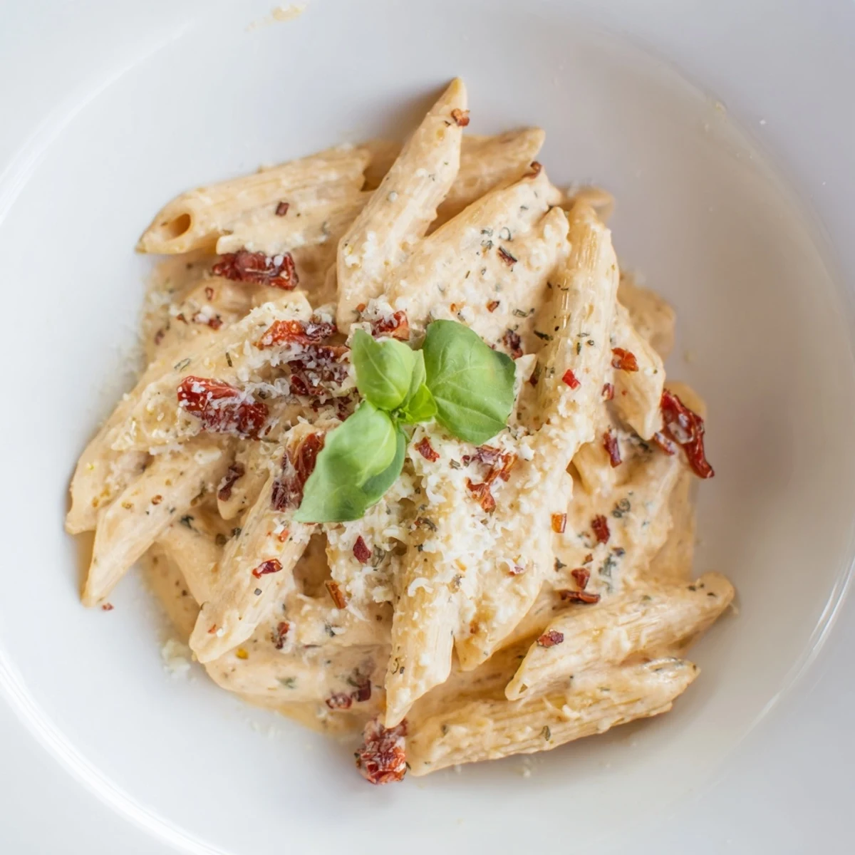 Top-down view of cooked Sun-Dried Tomato & Cottage Cheese Pasta Sauce, perfect for dinner tonight.