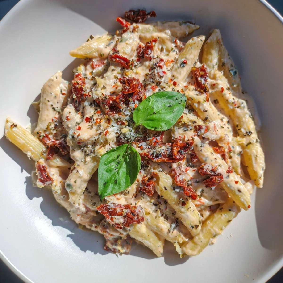Close-up of freshly made Sun-Dried Tomato & Cottage Cheese Pasta Sauce, garnished with basil and cheese.