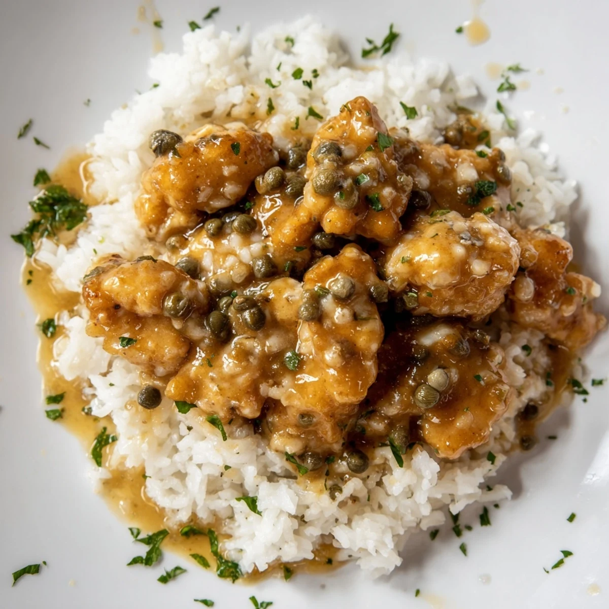 Golden chicken piccata rice bowl, a comforting meal with lemony sauce and fresh parsley garnish.