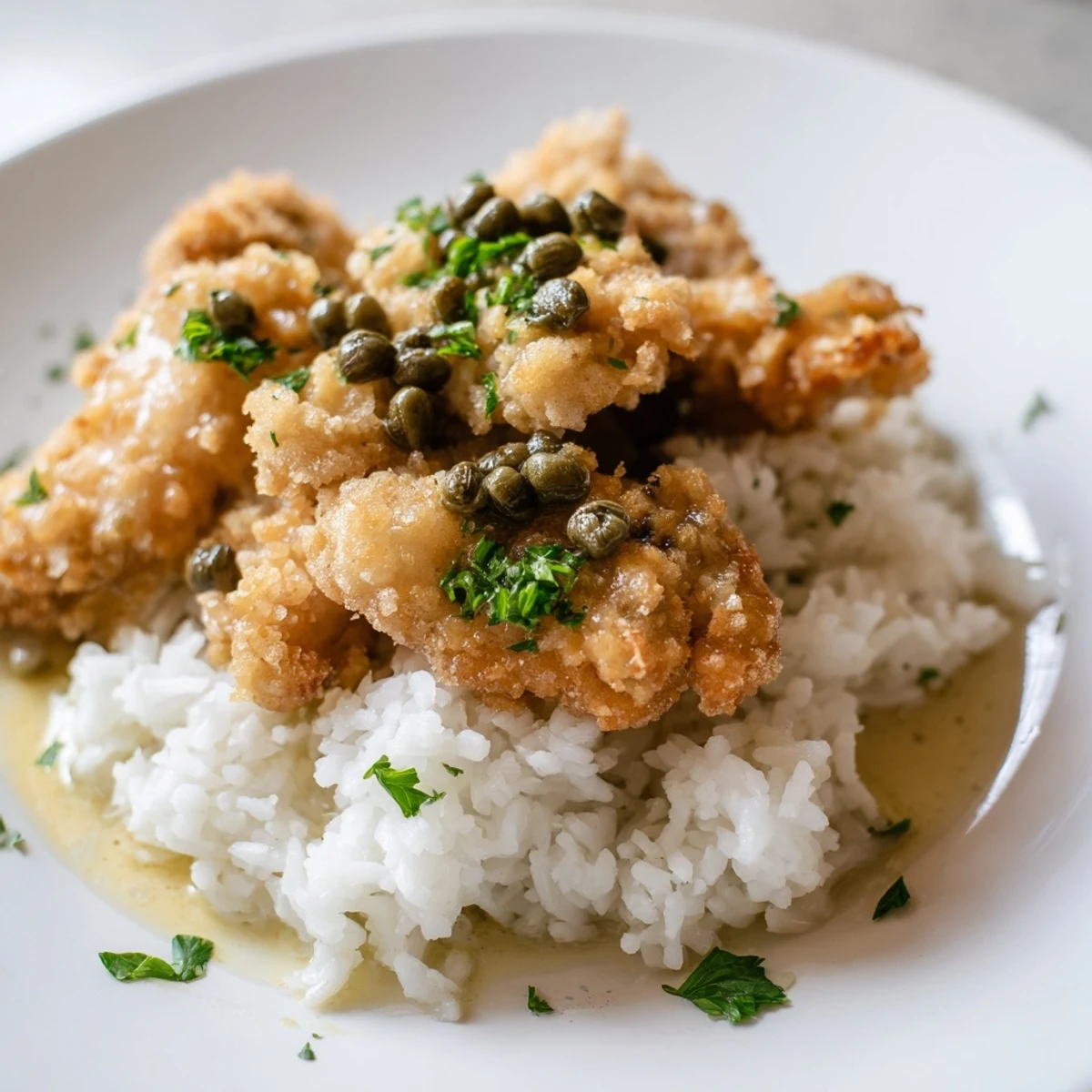 A beautifully presented chicken piccata rice bowl, complete with capers and a bright lemon flavor.