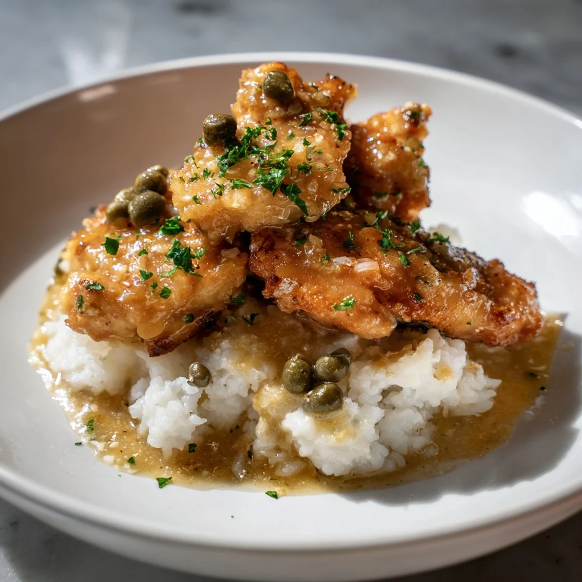 Juicy chicken piccata rice bowl, boasting tender chicken in a zesty lemon sauce over fluffy rice.