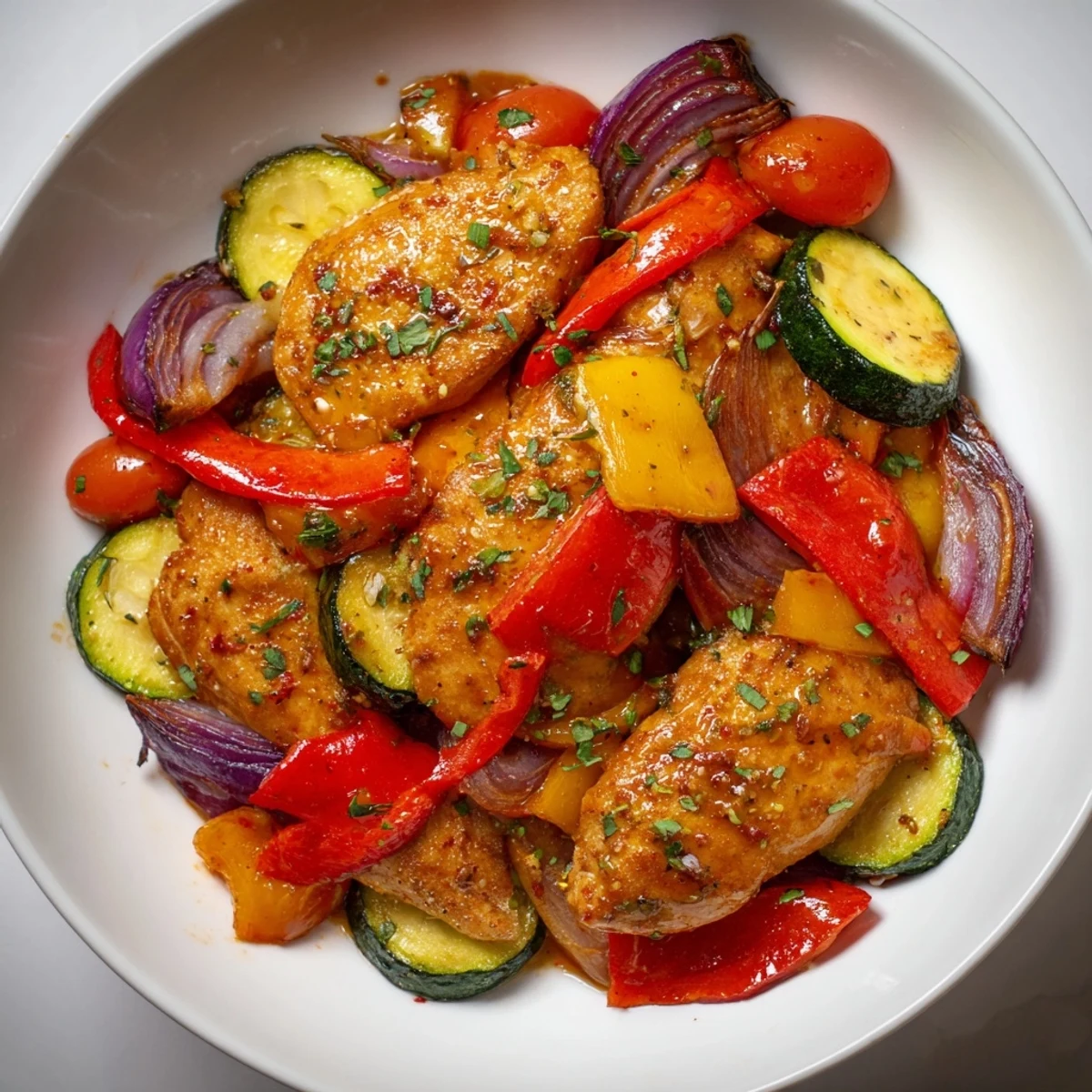 Sheet Pan Lemon Oregano Chicken Cutlets: Roasted chicken and colorful vegetables, a flavorful Mediterranean dinner.