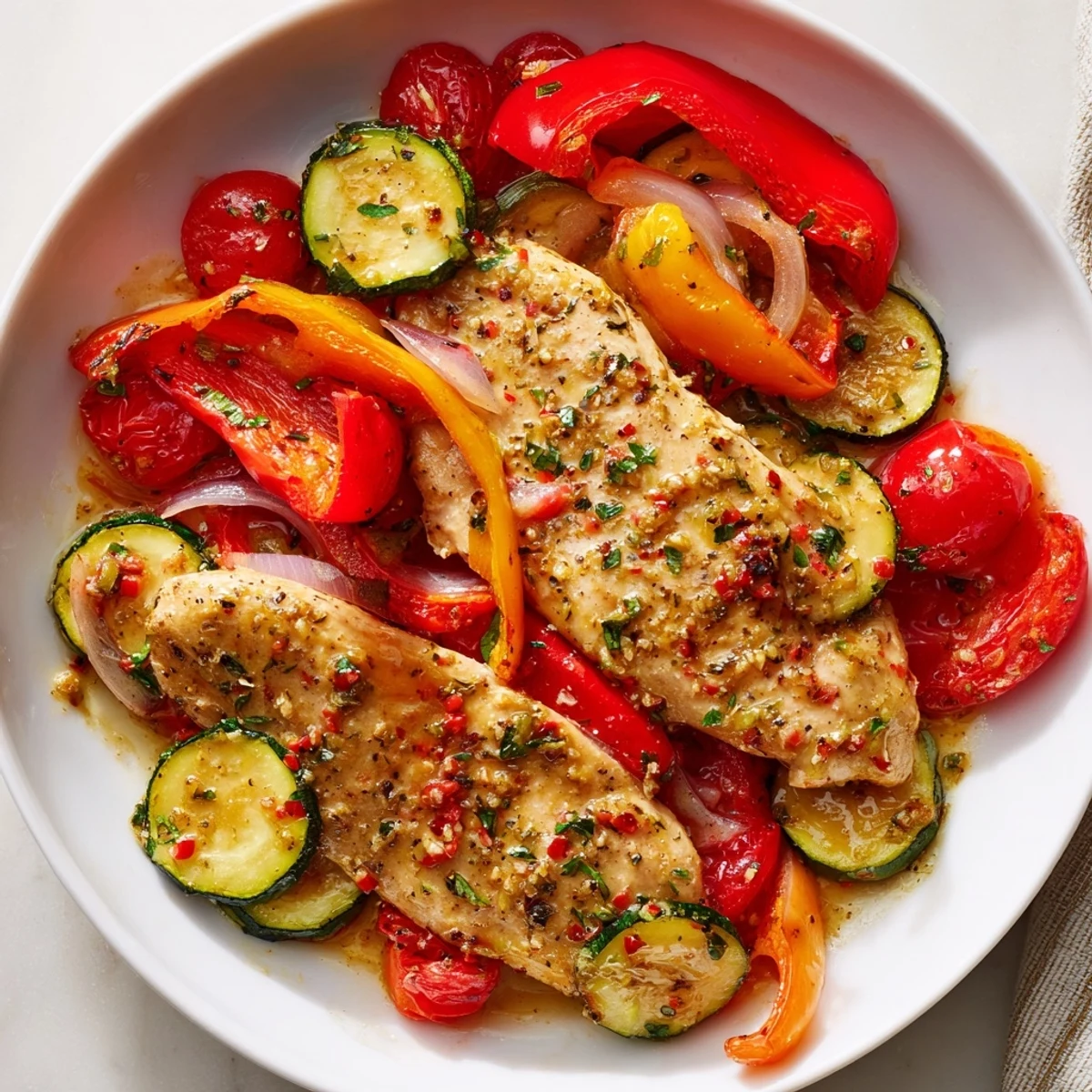 Vibrant sheet pan full of Sheet Pan Lemon Oregano Chicken Cutlets, served with fresh lemon wedges and herbs.