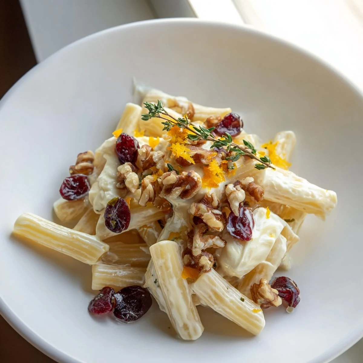 Golden-brown toasted walnuts top this warm Baked Brie & Cranberry Pasta, ready for a delicious, savory bite.