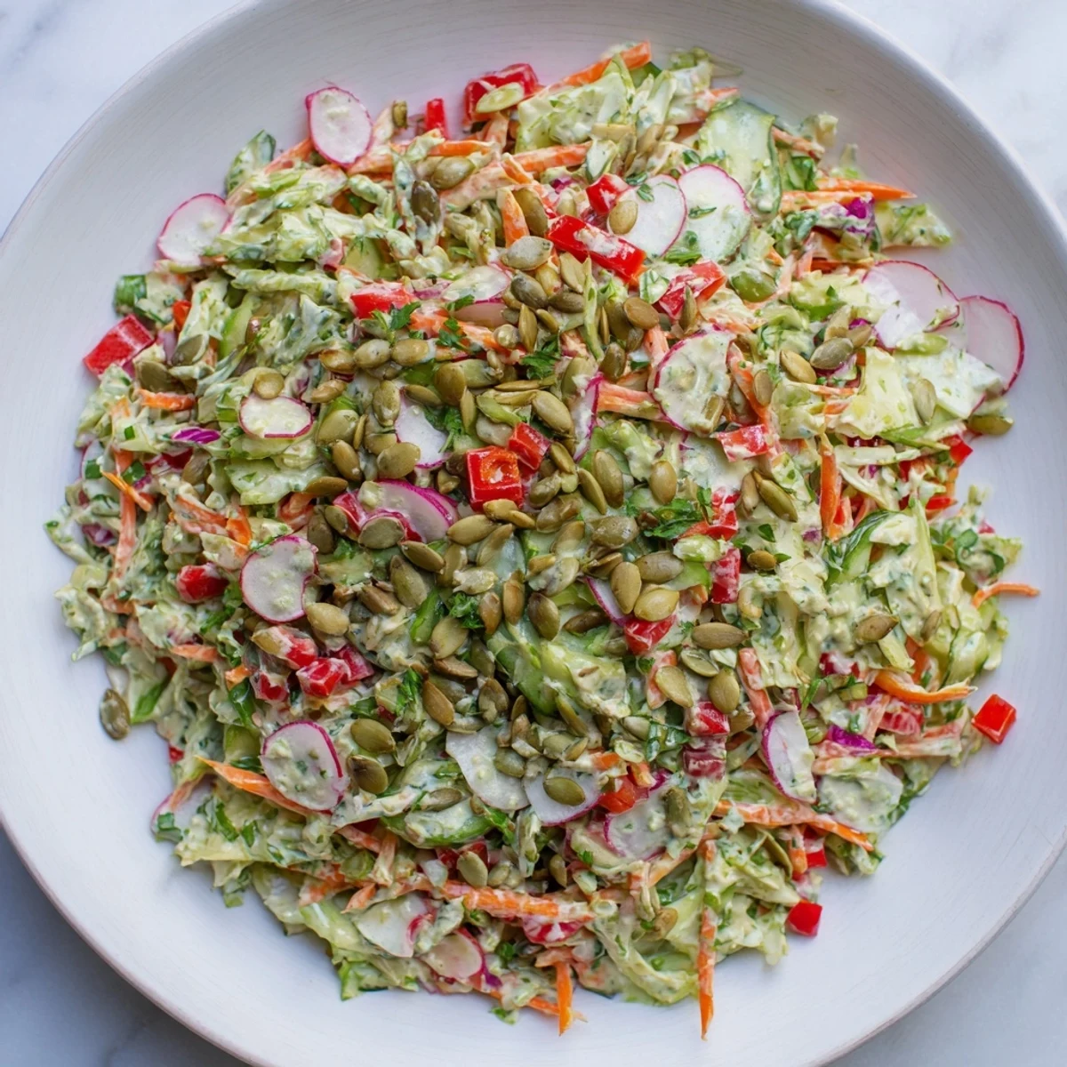 A close-up of a vibrant bowl of Green Goddess Confetti Chop Slaw with a creamy, herby dressing.